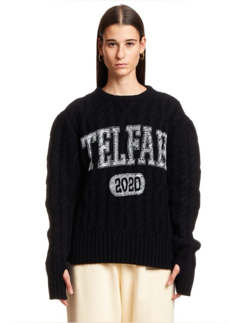 Telfar Black Cable-Knit Logo Crewneck Sweater
